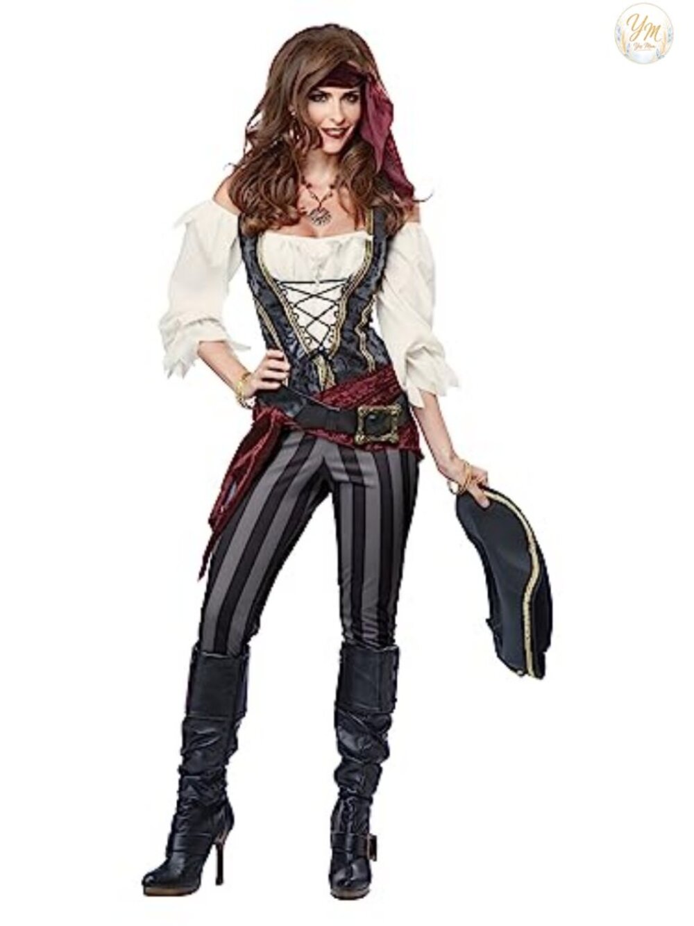 Pirate Buccaneer Costume Vest Shirt Belt Hat Head Tie 7-Piece Set